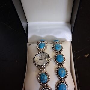 Turquoise and Silver Women's Watch and Bracelet Set